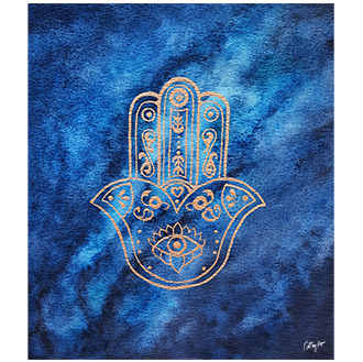 peinture aquarelle, aquarelle liquide, or, main de fatma, porte bonheur, chance, peinture doree, fond bleu, nebuleuse, galaxie